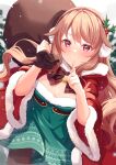  1girl bangs bell blonde_hair blush breasts christmas cleavage finger_to_mouth hair_ornament highres long_hair looking_at_viewer open_mouth red_eyes ribbon santa_costume small_breasts solo tiri virtual_youtuber 