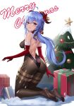  1girl absurdres ahoge ass back backless_outfit bangs bell black_legwear blue_hair blush bodystocking bodysuit bound bow box breasts christmas christmas_ornaments christmas_tree commentary covered_nipples curled_horns elbow_gloves eyebrows_visible_through_hair feet from_behind full_body ganyu_(genshin_impact) genshin_impact gift gift_box gloves gold_trim hair_ornament highres horn_bell horn_bow horn_ornament horns karmiel kneeling leotard long_hair looking_at_viewer looking_back low_ponytail medium_breasts merry_christmas multicolored_eyes no_shoes purple_eyes red_bow red_gloves sidelocks smile soles solo thighlet thighs very_long_hair 