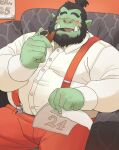  2021 absurd_res beard belly blush bottomwear christmas clothing eyes_closed facial_hair green_body hi_res holidays humanoid humanoid_hands huynhduyad14 male orc overweight overweight_male pants shirt sitting smoking solo suspenders topwear 