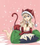  1girl animal_ears bell blonde_hair blue_eyes breasts cat_ears cat_tail christmas eden&#039;s_zero hat highres jewelry large_breasts mashima_hiro neck_bell necklace rebecca_bluegarden santa_costume santa_hat tail 