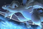  absurdres blue_eyes bridge closed_mouth commentary_request dated flying from_side highres katkichi lugia night no_humans outdoors pokemon pokemon_(creature) signature sky solo water 