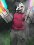  aged_up anthro asriel_dreemurr biped boss_monster bottomwear bovid cape caprine clothed clothing cute_fangs digital_media_(artwork) fangs floppy_ears fog front_view fully_clothed fur gatling_gun grey_bottomwear grey_clothing grey_pants gun head_tuft hi_res jewelry kemono kemosara laser laser_gun machine_gun male mammal mask minigun monotone_body monotone_ears monotone_fur necklace open_mouth open_smile pants portrait rainbow ranged_weapon red_clothing red_shirt red_topwear shirt simple_background smile smoke solo standing teeth three-quarter_portrait topwear tuft undertale undertale_(series) video_games weapon white_body white_ears white_fur 