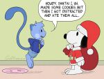  ambiguous_gender anthro clothing costume crizbn crumbs duo english_text legendary_pok&eacute;mon mew nintendo peanuts_(comic) plate pok&eacute;mon pok&eacute;mon_(species) santa_costume shiny_pok&eacute;mon signature simple_background snoopy speech_bubble text video_games 