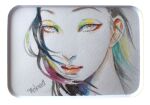  1girl artist_name black_hair brown_eyes close-up eyeliner eyeshadow face half-closed_eyes lips makeup makura_(yumegiwa) multicolored_hair original painting_(medium) rounded_corners smile streaked_hair traditional_media watercolor_(medium) wind 