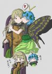  2girls antennae aqua_hair bad_id bad_pixiv_id blonde_hair blush butterfly_wings closed_eyes downscaled dress eternity_larva fairy green_dress green_skirt grey_background highres kiss kissing_cheek leaf leaf_on_head long_hair matara_okina multicolored_clothes multicolored_dress multiple_girls okome56565 open_mouth orange_sleeves resized short_hair simple_background single_strap sitting skirt smile tabard third-party_source touhou translation_request wide_sleeves wings yellow_eyes 