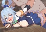  1boy 1girl aqua_(konosuba) arm_grab arms_behind_back bent_over blue_eyes blue_hair blue_shirt blue_skirt blush bottomless breast_press breasts breasts_outside detached_sleeves doggystyle hair_rings kono_subarashii_sekai_ni_shukufuku_wo! long_hair miniskirt moaning morisobo nipples no_panties open_clothes open_mouth open_shirt rape restrained sex shirt short_sleeves skirt table tears white_shirt white_sleeves 