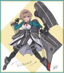  1girl absurdres black_gloves black_legwear blonde_hair bow_(weapon) breasts compound_bow cropped_jacket dress_shirt flight_deck flower gloves highres holding holding_bow_(weapon) holding_weapon inica kantai_collection machinery medium_breasts military military_uniform official_alternate_hair_length official_alternate_hairstyle pantyhose pelvic_curtain quiver red_flower red_rose rigging rose shirt short_hair skirt solo tiara underskirt uniform victorious_(kancolle) weapon white_shirt white_skirt 