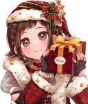  1girl alternate_hairstyle bang_dream! black_gloves blush box braid brown_eyes brown_hair christmas closed_mouth crown_braid fingerless_gloves fur-trimmed_jacket fur-trimmed_sleeves fur_trim gift gift_box gloves hat hazawa_tsugumi jacket looking_at_viewer official_alternate_costume santa_hat short_hair sidelocks simple_background smile solo standing tgxmiki upper_body white_background 