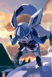  ;d bbibebe blue_eyes blurry capelet cloud commentary_request glaceon highres looking_down no_humans one_eye_closed open_mouth outdoors pokemon pokemon_(creature) sky smile solo tongue 