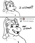 anthro christmas christmas_clothing christmas_headwear clothing colorless dialogue dragon english_text facial_spikes hair happy hat headgear headwear holidays horn jaw_spikes male open_mouth pupils santa_hat scalie slit_pupils solo sparkling_eyes spikes spikes_(anatomy) text tongue xanderg xanderg_(artist) 