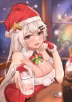  1girl absurdres alcohol bangs bare_shoulders blush bottle bow bowtie breasts christmas cleavage cup dress eyebrows_visible_through_hair fingerless_gloves fluff girls&#039;_frontline gloves grey_eyes hair_ornament hairclip hand_on_own_chin hat highres holding holding_cup long_hair looking_at_viewer medium_breasts merry_christmas muteppona_hito new_year official_alternate_costume open_mouth red_dress red_gloves red_headwear santa_costume santa_dress santa_hat silver_hair sitting smile solo stolichnaya_(vodka) svd_(girls&#039;_frontline) table vodka window 