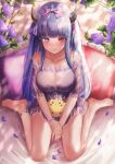  1girl absurdres anklet azur_lane bangs bare_legs bare_shoulders barefoot blue_eyes blue_hair blush bow bracelet breasts cleavage closed_mouth collarbone eyebrows_visible_through_hair flower hair_bow hair_ornament highres horns ibuki_(azur_lane) ibuki_(tranquil_sunya)_(azur_lane) jewelry large_breasts manjuu_(azur_lane) moshi_imo off_shoulder official_alternate_costume own_hands_together petals pink_bow red_eyes sitting thighs wariza 