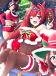  3girls animal_ears ass breasts christmas_tree cleavage commentary_request daiwa_scarlet_(umamusume) horse_ears horse_tail kayama_kenji large_breasts looking_at_viewer multiple_girls navel night one_eye_closed peeking_out santa_costume shorts sweep_tosho_(umamusume) tail umamusume vodka_(umamusume) 