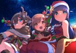  3girls :d absurdres aijou_karen animal_ear_fluff animal_ears antlers bangs bare_shoulders bauble bell black_gloves black_hair black_legwear blue_eyes blunt_bangs blush bow bowtie breasts bright_pupils brown_capelet brown_eyes brown_gloves brown_hair brown_shirt capelet christmas christmas_ornaments closed_mouth commentary crop_top cross-laced_clothes crossed_bangs deer_ears eyebrows_visible_through_hair from_below fur-trimmed_capelet fur-trimmed_gloves fur-trimmed_headwear fur-trimmed_legwear fur-trimmed_shirt fur_trim gloves goe_(g-o-e) green_ribbon hair_between_eyes hands_up hat hat_ornament hat_ribbon highres kagura_hikari kneehighs long_hair looking_at_viewer looking_down medium_breasts midriff miniskirt multicolored_ribbon multiple_girls navel night official_alternate_costume open_mouth outdoors outstretched_arm pleated_skirt purple_eyes purple_hair red_bow red_bowtie red_headwear red_legwear red_ribbon red_shirt red_skirt reindeer_antlers ribbon santa_hat shiny shiny_hair shirt short_hair shoujo_kageki_revue_starlight shoujo_kageki_revue_starlight_-re_live- single_stripe sitting skirt sled sleeveless sleeveless_shirt smile star_(sky) star_(symbol) star_hat_ornament striped striped_ribbon striped_skirt swept_bangs thighhighs tsuyuzaki_mahiru two_side_up yellow_ribbon 