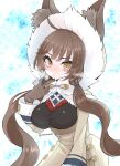  ahoge animal_ears artist_name bangs breasts breath brown_eyes brown_hair coat expressionless eyebrows_visible_through_hair fur-trimmed_headwear gloves guardian_tales highres ice_background innuit_girl_coco large_breasts looking_at_viewer short_hair_with_long_locks uniofthedead v 