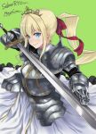  1girl armor artoria_pendragon_(fate) bangs blonde_hair bow commission cosplay eyebrows_visible_through_hair fate_(series) green_background hair_behind_ear hair_bow highres holding holding_sword holding_weapon ilfriede_von_feulner knight looking_at_viewer makishima_azusa metal_gloves muvluv muvluv_alternative ponytail red_bow saber saber_(cosplay) skeb_commission smile solo sword the_euro_front tiara v-shaped_eyebrows weapon 