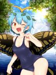  1girl antennae aqua_hair bare_arms bare_legs bare_shoulders black_swimsuit blush breasts butterfly_wings cleavage collarbone cowboy_shot day eternity_larva eyebrows_visible_through_hair fairy hair_between_eyes harusame_(unmei_no_ikasumi) highres leaf leaf_on_head one-piece_swimsuit one_eye_closed open_mouth school_swimsuit short_hair small_breasts smile solo sunlight swimsuit touhou wings yellow_eyes 