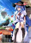  1girl absurdres apron bangs beak_hold bird black_headwear black_legwear blouse blue_bow blue_dress blue_hair blue_skirt blue_sky boots bow branch brick_wall commentary_request cross-laced_footwear dress food frills from_side fruit hat heaven highres hinanawi_tenshi keystone knee_boots large_bow leaf lens_flare letter long_hair looking_at_another miniskirt open_mouth peach pleated_skirt puffy_short_sleeves puffy_sleeves rainbow_gradient rainbow_order red_bow red_eyes reiuji_utsuho reiuji_utsuho_(bird) rope scenery shimenawa short_sleeves sitting skirt sky smile socks sword_of_hisou tetsurou_(fe+) touhou tree twig white_blouse wing_collar 