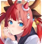  1girl absurdres animal_ears antlers bangs bell benjamin4679 blue_eyes blush christmas cowlick deer_ears hand_on_own_face hat highres looking_away open_mouth original portrait red_hair santa_hat solo twintails 