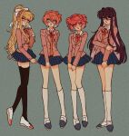  4girls bangs black_legwear blazer blonde_hair blue_eyes blue_skirt bow bright_pupils commentary doki_doki_literature_club full_body green_background green_eyes hair_between_eyes hair_bow hair_intakes hand_on_own_arm jacket kneehighs long_hair long_sleeves looking_at_viewer monika_(doki_doki_literature_club) multiple_girls natsuki_(doki_doki_literature_club) own_hands_together paper_texture pikurusu pink_eyes pink_hair pleated_skirt ponytail purple_hair red_bow red_ribbon ribbon sayori_(doki_doki_literature_club) school_uniform short_hair sidelocks skirt standing thighhighs two_side_up very_long_hair white_bow white_legwear yuri_(doki_doki_literature_club) zettai_ryouiki 