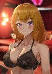  1girl bangs blush breasts brown_hair cleavage highres indoors large_breasts lingerie looking_at_viewer medium_hair messy_hair open_mouth purple_eyes rayleigh_scale signature solo underwear upper_body 