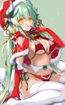  1girl alternate_costume breasts capelet christmas dragon_girl dragon_horns elbow_gloves fate/grand_order fate_(series) fur-trimmed_capelet fur-trimmed_gloves fur-trimmed_headwear fur_trim garter_belt gloves highres horns kiyohime_(fate) large_breasts long_hair morizono_shiki multiple_horns red_capelet red_gloves red_headwear sitting solo thighhighs wariza white_legwear 