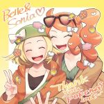  2girls :d beret bianca_(pokemon) blonde_hair blush bow character_name closed_eyes collarbone commentary_request eyelashes green_headwear hand_up happy hat hat_bow heart highres hood hooded_jacket jacket kamiemonsan long_sleeves multiple_girls open_clothes open_jacket open_mouth orange_jacket pokemon pokemon_(game) pokemon_bw2 pokemon_masters_ex shirt short_hair smile sonia_(pokemon) teeth tongue upper_teeth v v-neck white_bow white_shirt 