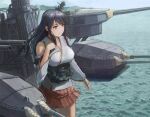  1girl bare_shoulders black_hair breasts cannon commentary_request detached_sleeves fourragere fusou_(kancolle) hair_ornament kantai_collection large_breasts long_hair machinery miniskirt mountain nontraditional_miko ocean pleated_skirt red_eyes red_skirt revision rigging skirt solo tantaka turret water wide_sleeves 