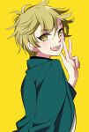  1boy :d ashikaga_hyouta bangs bishounen_series blonde_hair blush commentary_request eyelashes from_side green_jacket hand_up highres jacket looking_at_viewer male_focus open_mouth shirt short_hair simple_background smile solo tama_(riytk) teeth tongue upper_body w white_shirt yellow_background yellow_eyes 