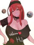  1girl breasts chain cleavage clothes_writing collar grin half-closed_eyes hecatia_lapislazuli highres huge_breasts long_hair looking_at_viewer off-shoulder_shirt off_shoulder otoufu_(wddkq314band) polos_crown red_eyes red_hair shirt simple_background smile solo touhou upper_body white_background 