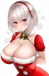  1girl :o azur_lane bangs bell blush bow bowtie breasts commentary_request detached_collar detached_sleeves eyebrows_visible_through_hair hairband highres jingle_bell large_breasts looking_at_viewer neck_bell open_mouth red_eyes santa_costume short_hair short_sleeves sirius_(azur_lane) snowflakes solo striped striped_bow striped_bowtie upper_body white_background white_hair yukinimaru 
