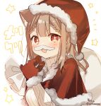  +_+ 1girl :d absurdres animal_ear_fluff animal_ears bangs blush brown_hair capelet cat_ears eyebrows_visible_through_hair fake_facial_hair fake_mustache fang fur-trimmed_capelet fur-trimmed_gloves fur-trimmed_hood fur_trim gloves hands_up highres holding holding_sack hood hood_up hooded_capelet looking_at_viewer original red_capelet red_eyes red_gloves ribbed_sweater sack signature simple_background smile sofra solo star_(symbol) sweater translation_request turtleneck turtleneck_sweater twitter_username upper_body v-shaped_eyebrows white_background white_sweater 