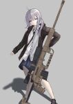  1girl absurdres bangs black_footwear black_jacket black_necktie blue_skirt bolt_action cheytac_m200 closed_mouth expressionless eyebrows_visible_through_hair full_body girls&#039;_frontline grey_background gun hair_ornament hairclip highres holding holding_gun holding_weapon jacket light_purple_eyes light_purple_hair long_hair looking_at_viewer m200_(girls&#039;_frontline) necktie rifle shirt shoes skirt sniper_rifle solo standing weapon wh1te white_shirt 