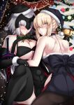  2girls absurdres artoria_pendragon_(fate) bangs blonde_hair blush braid breasts christmas fate/grand_order fate_(series) french_braid hair_bun hair_ribbon headpiece highres isane jeanne_d&#039;arc_(alter)_(fate) jeanne_d&#039;arc_(fate) large_breasts long_hair looking_at_viewer medium_breasts multiple_girls ribbon santa_alter short_hair sidelocks silver_hair yellow_eyes 