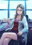  1girl breasts brown_eyes chair character_request cleavage computer crossed_legs cup earrings earth_defense_force glasses indoors jewelry labcoat long_hair looking_at_viewer mole monitor pencil_skirt sitting skirt solo tantaka 
