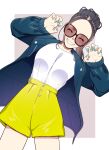 1girl black_hair blue_jacket closed_eyes commentary_request dekapoi glasses happy highres jacket long_hair looking_at_viewer mohawk nail_polish original ponytail shirt shorts smile solo standing undercut white_shirt yellow_shorts 