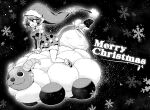  1girl :3 :d bangs doreking doremy_sweet dress eyebrows_visible_through_hair from_side full_body greyscale hat merry_christmas monochrome nightcap off-shoulder_dress off_shoulder open_mouth pom_pom_(clothes) sack sheep short_hair sitting smile snowflakes tail tanasuke tapir_tail touhou 