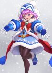 1girl bangs beanie belt blue_coat blue_dress blue_footwear blue_gloves blue_headwear blush boots bow brown_legwear coat dress fate/grand_order fate/grand_order_arcade fate_(series) fur-trimmed_coat fur-trimmed_dress fur_trim gloves hat helena_blavatsky_(christmas)_(fate) helena_blavatsky_(fate) highres hooded_coat large_bow long_sleeves looking_at_viewer open_clothes open_coat open_mouth otsukemono outstretched_arms pantyhose purple_eyes purple_hair red_bow short_hair smile snow solo 