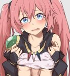  1boy 1girl black_shirt black_sleeves blue_eyes blush breasts clothes_lift covered_nipples erection hands_on_own_chest highres long_hair looking_at_viewer milim_nava morisobo open_mouth paizuri paizuri_under_clothes penis pink_hair shirt shirt_lift slit_pupils small_breasts tensei_shitara_slime_datta_ken twintails two-tone_shirt underboob upper_body very_long_hair white_shirt 
