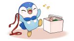  blush box candy candy_cane christmas closed_eyes commentary_request food gift gift_box happy leg_up musical_note no_humans official_art open_mouth piplup pokemon pokemon_(creature) project_pochama red_ribbon ribbon solo standing standing_on_one_leg tongue white_background 