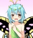  1girl antennae aqua_hair blush butterfly_wings collarbone crying crying_with_eyes_open eternity_larva eyebrows_visible_through_hair fairy gradient gradient_background hair_between_eyes highres hikuchi_riku leaf leaf_on_head looking_at_viewer nude open_mouth orange_eyes polka_dot polka_dot_background short_hair solo tears touhou upper_body wings 