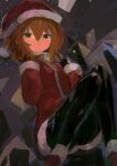  1girl absurdres black_gloves black_legwear brown_eyes brown_hair christmas closed_mouth folded_ponytail gloves hair_between_eyes hat highres inazuma_(kancolle) kaamin_(mariarose753) kantai_collection long_hair long_sleeves pantyhose pom_pom_(clothes) red_headwear santa_costume santa_hat solo 