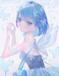  1girl absurdres blue_bow blue_butterfly blue_eyes blue_hair blue_ribbon bob_cut bow bug butterfly daisy fairy_wings flower from_side highres holding holding_star light_particles looking_at_viewer original powa_(36iii) ribbon short_hair sparkle star_(symbol) transparent transparent_butterfly transparent_umbrella umbrella upper_body wings 