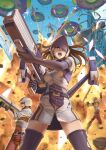  1girl 2boys belt breasts brown_hair earth_defense_force explosion firing gloves gun helmet holding large_breasts long_hair multiple_boys open_mouth pale_wing red_eyes rifle tantaka thighhighs visor weapon 