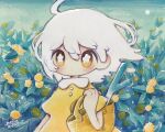  1girl bag bangs blush bright_pupils dated dress expressionless highres holding holding_bag leaf medium_hair no_nose original plant short_sleeves signature solo spring_onion white_hair white_pupils yellow_dress yellow_eyes zukky000 