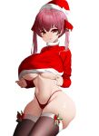 absurdres breasts english_commentary hat highres hololive houshou_marine huge_breasts large_breasts looking_at_viewer nicorima panties pink_hair red_eyes santa_costume santa_hat short_hair thighhighs thighs tongue tongue_out twintails underboob underwear virtual_youtuber white_background yellow_eyes 