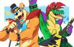  alligator alligatorid anthro biped blue_claws blue_eyes bracelet brown_body brown_fur claws clothing crocodilian duo ear_piercing ear_ring eyewear five_nights_at_freddy&#039;s five_nights_at_freddy&#039;s:_security_breach fur glamrock_freddy_(fnaf) green_body hair hat headgear headwear hi_res holding_guitar holding_microphone holding_object jewelry male mammal microphone mohawk montgomery_gator_(fnaf) open_mouth piercing red_eyes red_hair redchetgreen reptile scalie scottgames sharp_teeth shoulder_pads spiked_bracelet spikes sunglasses teeth tongue tongue_out top_hat ursid video_games yellow_body 