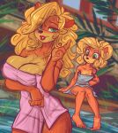  absurd_res activision anthro barefoot big_breasts blonde_hair blush breast_envy breast_size_difference breasts cleavage clothed clothing coco_bandicoot crash_bandicoot_(series) dimwitdog dripping eyelashes feet female fur green_eyes hair hi_res lipstick makeup nude small_breasts tawna_bandicoot towel video_games water wet wet_hair 
