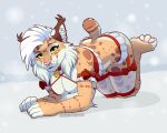  all_fours anthro bell bobcat bottomwear breasts butt christmas cleavage clothed clothing energyvector felid feline female garter_straps hair hanging_breasts holidays inner_ear_fluff lingerie looking_at_viewer lynx mammal nub_tail pawpads pinup pose ribbons skirt snow solo tuft white_hair whitney_(energyvector) yellow_eyes 