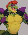  5_fingers alligator alligatorid anthro biped bodily_fluids collar crocodilian fingers five_nights_at_freddy&#039;s five_nights_at_freddy&#039;s:_security_breach flying_sweatdrops green_body grey_background hair heckded male mohawk montgomery_gator_(fnaf) muscular muscular_anthro muscular_male narrowed_eyes open_mouth red_eyes red_hair reptile scalie scar scottgames simple_background solo spiked_collar spikes sweat sweatdrop teeth towel towel_around_neck video_games yellow_body 